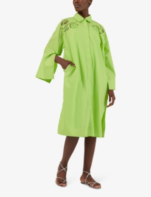 Shop Leem Women's Green Embroidered-shoulder Long-sleeve Cotton-blend Midi Dress