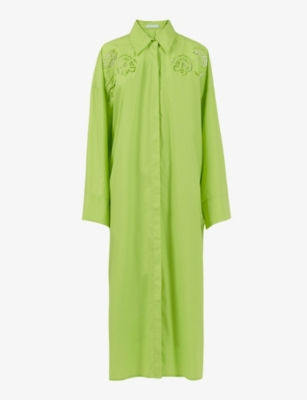 Shop Leem Women's Green Embroidered-shoulder Long-sleeve Cotton-blend Midi Dress