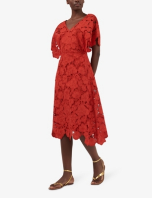 Shop Leem Women's Orange Floral-lace Scalloped-trim Cotton Midi Dress