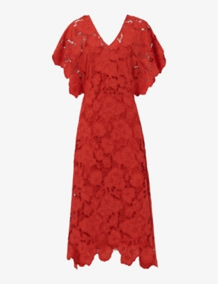 Shop Leem Women's Orange Floral-lace Scalloped-trim Cotton Midi Dress