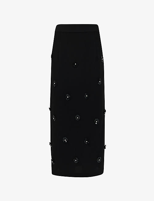 LEEM: Flower-embroidered slim-fit woven midi skirt