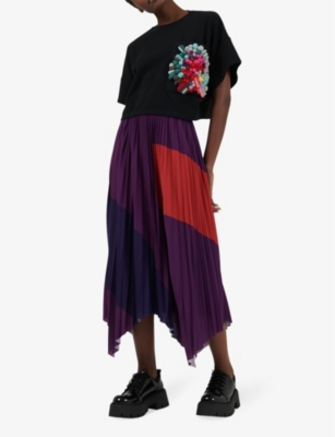 Shop Leem Womens Colour-block Pleated Woven Midi Skirt Magen Comb