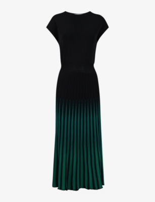 Shop Leem Women's Black/gree Round-neck Pleated-skirt Knitted Midi Dress