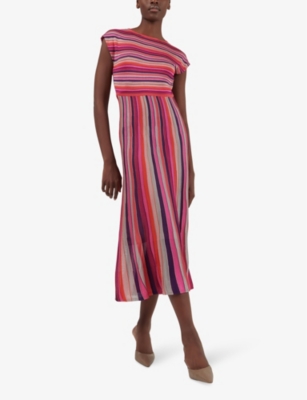 Shop Leem Womens Multicolor Round-neck Striped Knitted Midi Dress