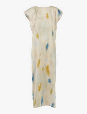 Shop Leem Women's Blue Comb Graphic-print Slash-neck Woven Maxi Dress