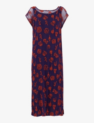 LEEM: Floral-embroidered mesh woven midi dress