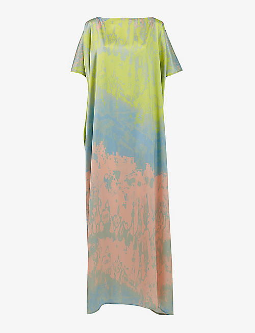 LEEM: Graphic-print slash-neck woven maxi dress