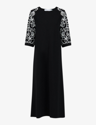 Shop Leem Women's Black / Wh Embroidered-sleeve Round-neck Stretch-woven Midi Dress