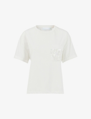 Shop Leem Women's Off White Embroidered-pocket Round-neck Cotton T-shirt