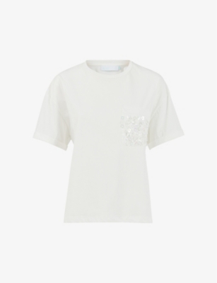 Shop Leem Womens  Embroidered-pocket Round-neck Cotton T-shirt In Off White