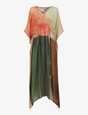 Shop Leem Women's Ornge Khak Aquarelle Abstract-print Modal And Silk Kaftan