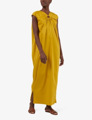 Shop Leem Women's Mustard Cut-out Gathered Stretch Cotton-blend Maxi Dress