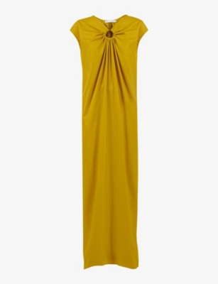 Shop Leem Women's Mustard Cut-out Gathered Stretch Cotton-blend Maxi Dress