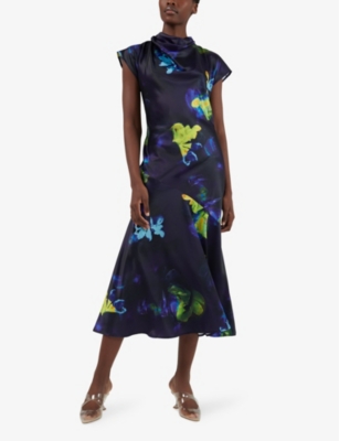 Shop Leem Womens Purple C Graphic-print Cowl-neck Woven Midi Dress
