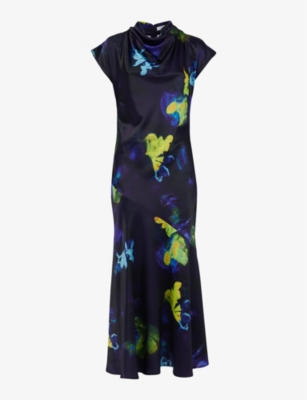 Shop Leem Womens Purple C Graphic-print Cowl-neck Woven Midi Dress