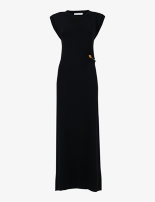 Shop Leem Women's Black Padded-shoulder Embellished Knitted Maxi Dress