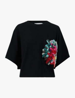 Leem Womens Black Comb Embroidered-pocket Short-sleeve Cotton T-shirt