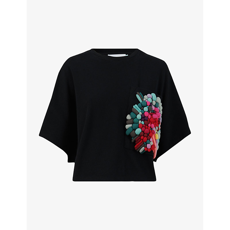 Leem Womens Black Comb Embroidered-pocket Short-sleeve Cotton T-shirt