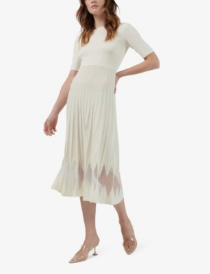 Shop Leem Women's Off White Round-neck Pleated-skirt Knitted Midi Dress