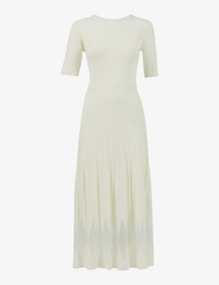 Shop Leem Women's Off White Round-neck Pleated-skirt Knitted Midi Dress