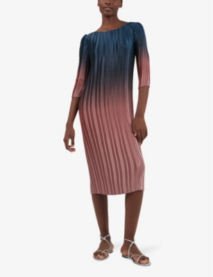 Shop Leem Womens Rosew Comb Ombre-print Slim-fit Plisse Stretch-woven Midi Dress