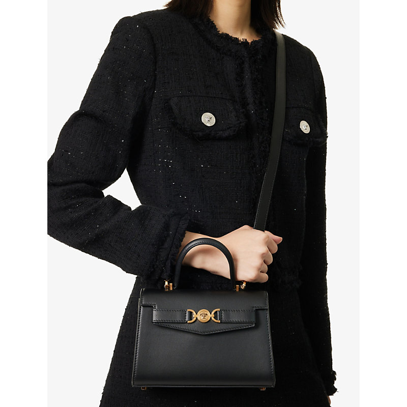 Shop Versace Black  Gold Small Medusa-embellished Leather Top-handle Bag