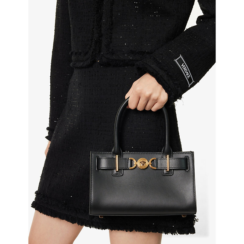 Shop Versace Womens Black  Gold Medusa-embellished Small Leather Tote Bag