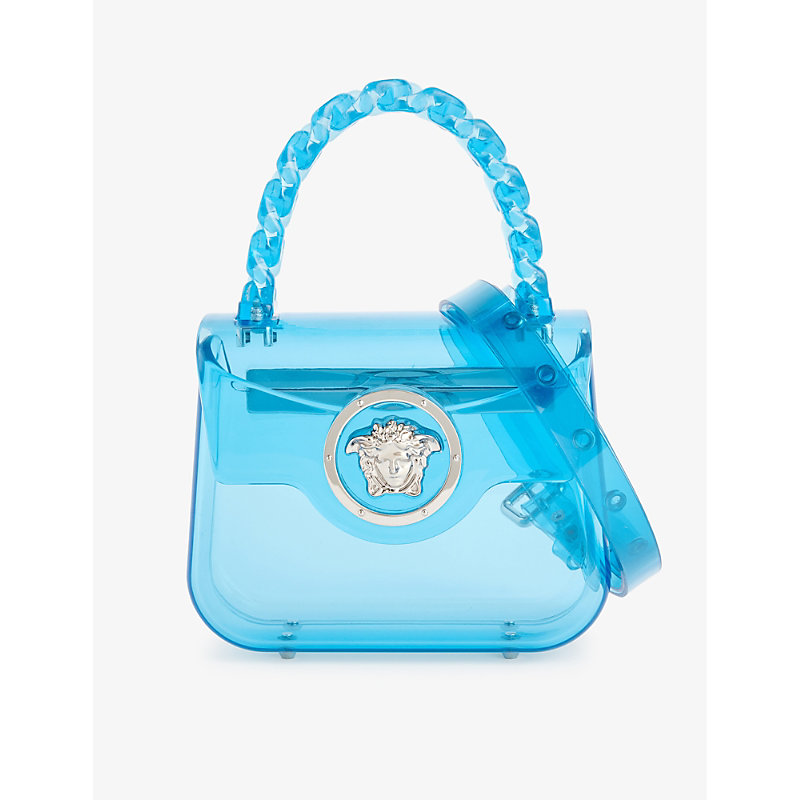 Versace 95 Pastel Blue Palladium Medusa-plaque Acrylic Top-handle Bag