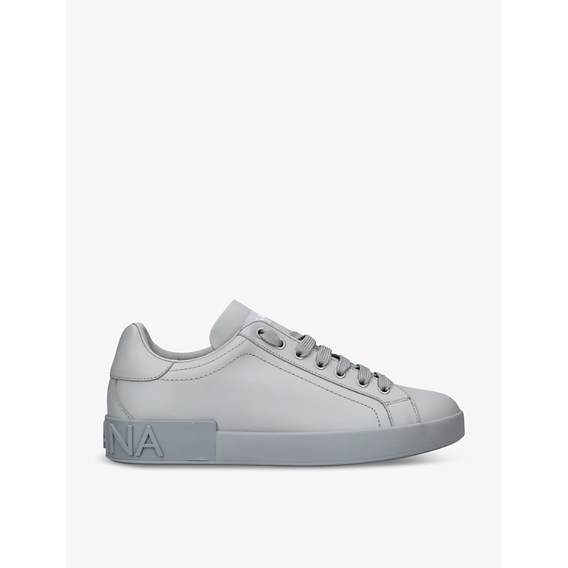 Shop Dolce & Gabbana Portofino Logo-embossed Leather Low-top Trainers In Grey