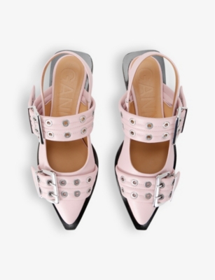 Shop Ganni Buckle-embellished Slingback Leather Ballet Flats In Pale Pink