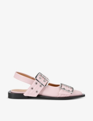 Shop Ganni Buckle-embellished Slingback Leather Ballet Flats In Pale Pink