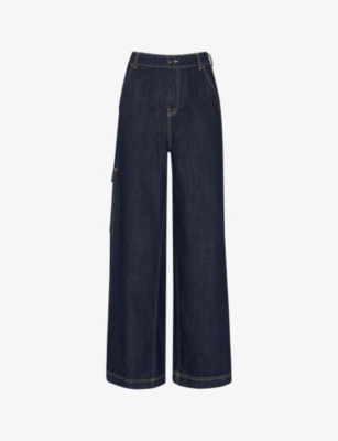 WHISTLES WOMENS NAVY PATCH-POCKET WIDE-LEG MID-RISE DENIM TROUSERS 
