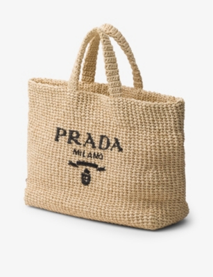 Shop Prada Logo-embroidered Crochet Tote Bag In Neutral