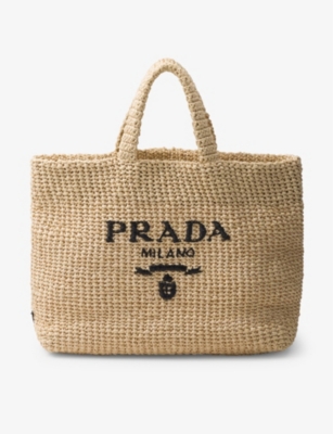 Shop Prada Logo-embroidered Crochet Tote Bag In Neutral