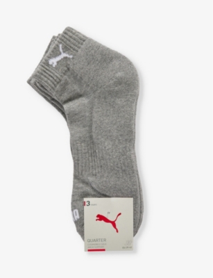 Shop Puma Men's Middle Grey Melange Branded Ankle-length Pack Of Three Cotton-blend Socks
