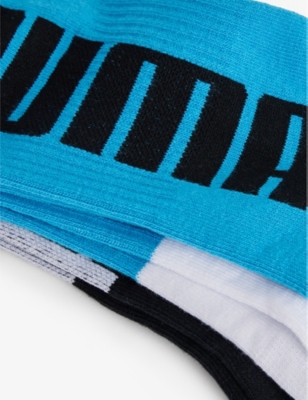 Shop Puma Men's Aqua Combo Branded Ankle-length Pack Of Three Cotton-blend Socks