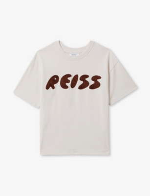 Shop Reiss Boys Ecru Kids Sands Logo-embroidered Cotton T-shirt 3-14 Years