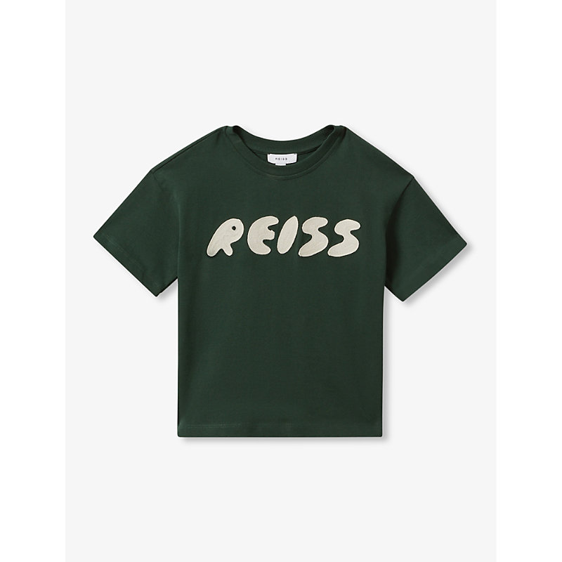 Shop Reiss Boys Hunting Green Kids Sands Logo-embroidered Cotton T-shirt 3-14 Years