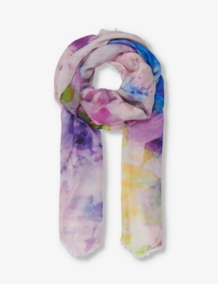 LEEM: Aquarelle-print frayed-hem cotton-blend scarf