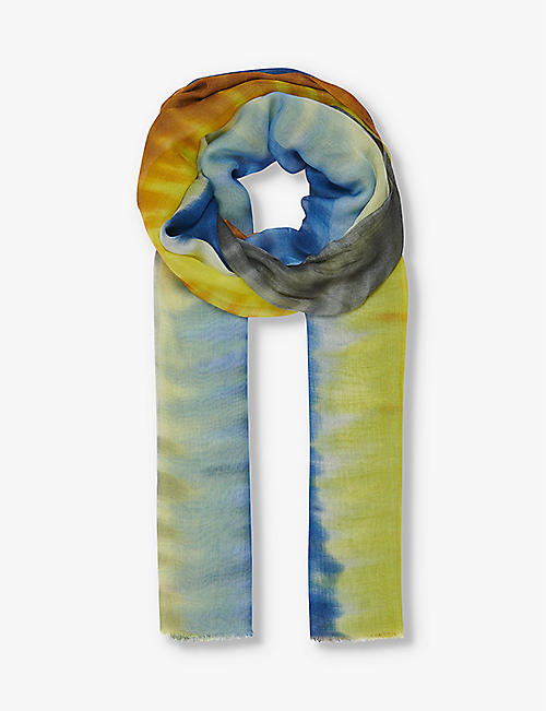 LEEM: Stripe-print frayed-hem silk-blend scarf