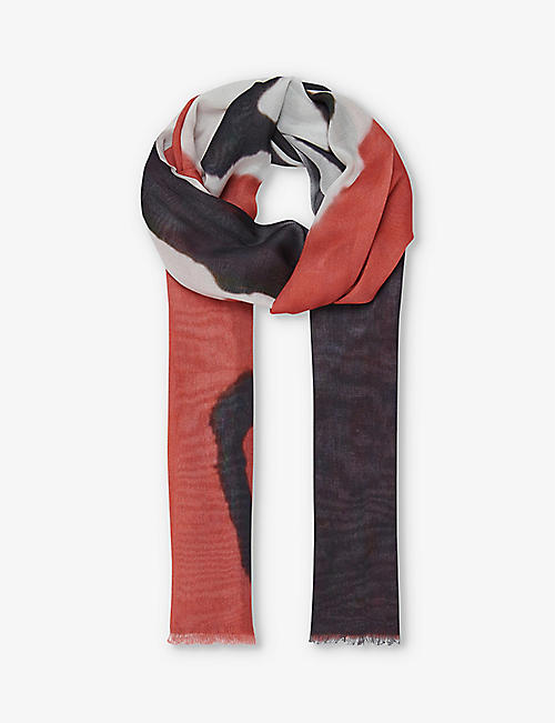 LEEM: Circular-print fringed-trim woven scarf
