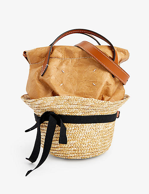 MAISON MARGIELA: Hat logo-embroidered straw top-handle bag