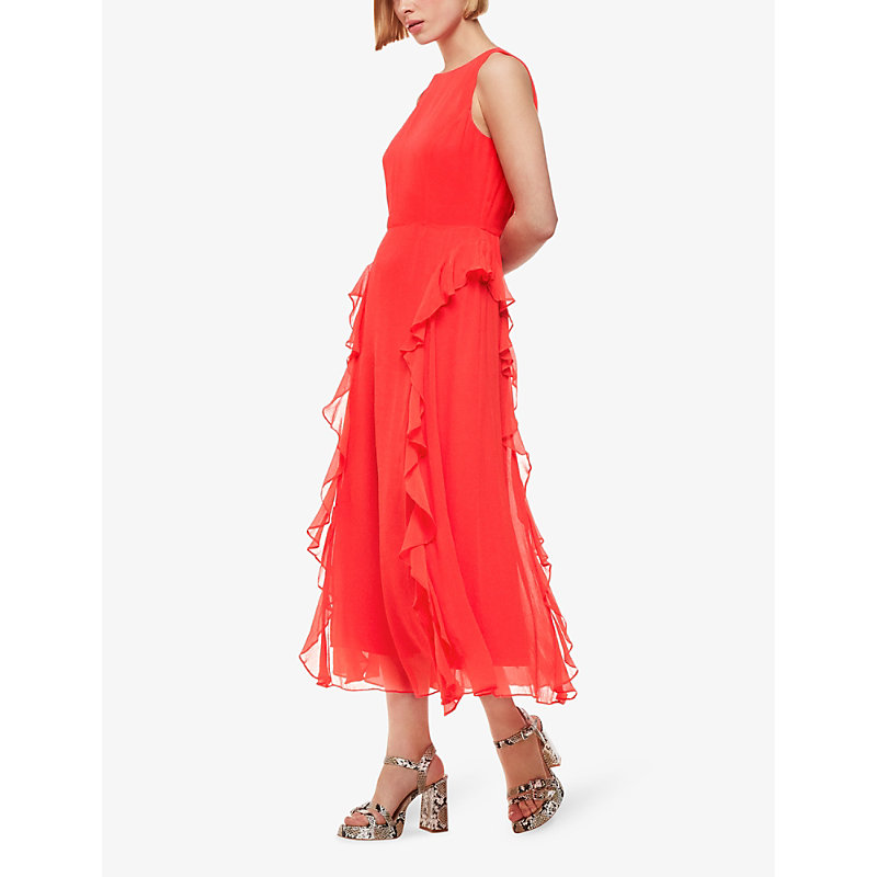 Shop Whistles Nellie Frill-trim Woven Midi Dress In Red