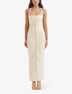House Of Cb Womens Ecru Mia Halter-neck Stretch-woven Maxi Dress In Ecru