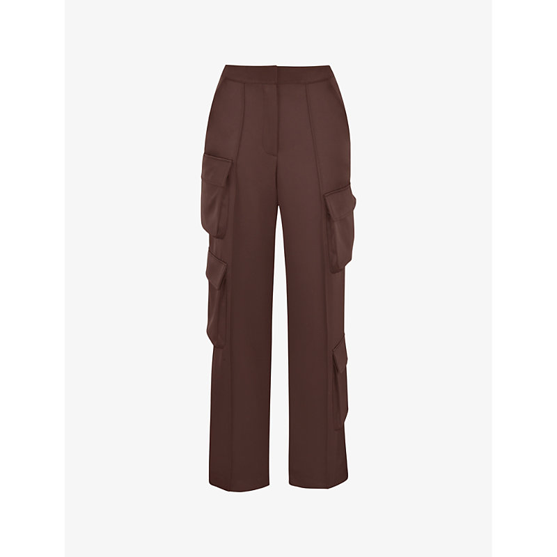 House Of Cb Womens Chocolate Daria Patch-pocket Satin Cargo Trousers