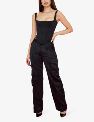 Shop House Of Cb Womens Black Daria Patch-pocket Satin Cargo Trousers