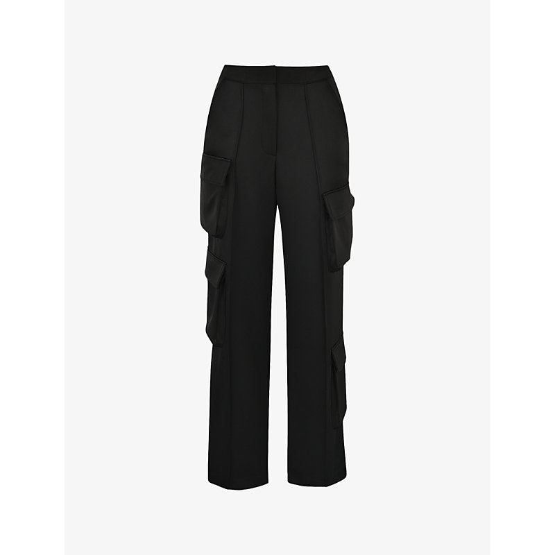 House Of Cb Womens Black Daria Patch-pocket Satin Cargo Trousers
