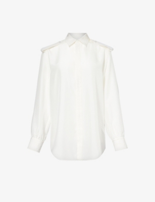 Shop Burberry Epaulette Curved-hem Regular-fit Silk Shirt In Grain