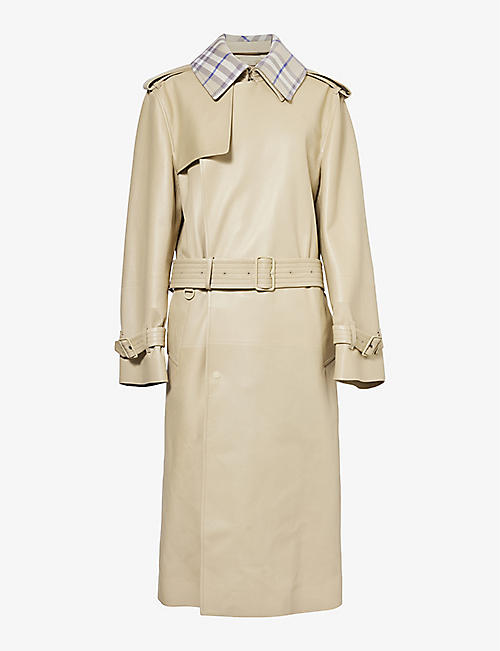 BURBERRY: Burberry Check-collar double-breasted regular-fit leather trench coat
