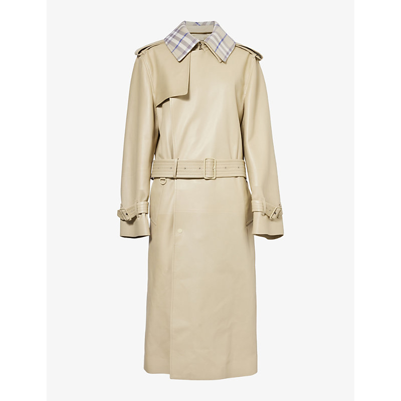 Burberry Womens Hunter Check-collar Double-breasted Regular-fit Leather Trench Coat In Neutral